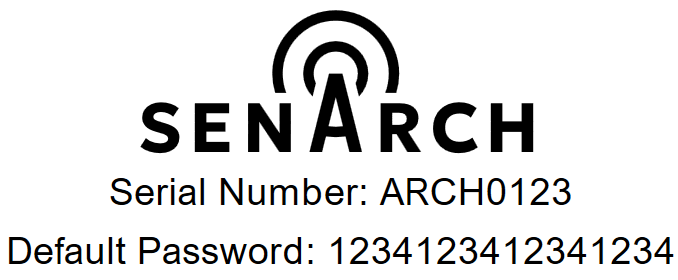 Gateway label showing the serial number and the default password